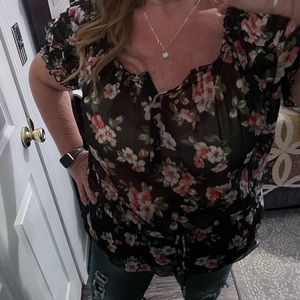 NY Collection black floral semi sheer blouse